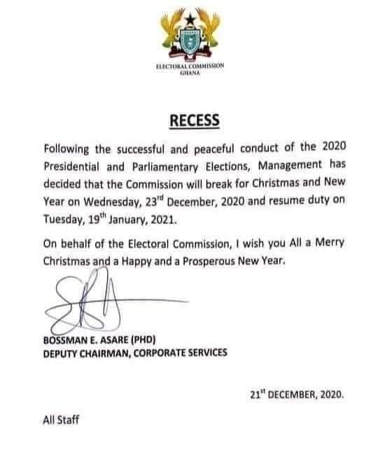 EC notice for vacation